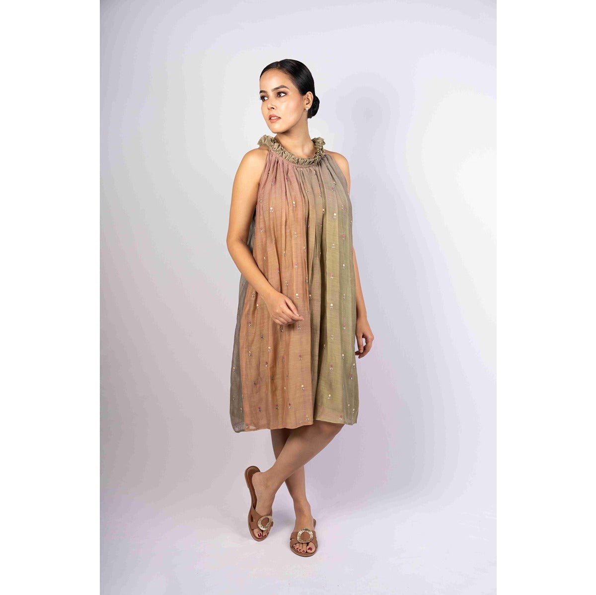 Fiza Ombre Mull Chanderi Embroidered Flared Dress – Womens Dress on Brown Living™. SKU: HD022XSN. Img 1.