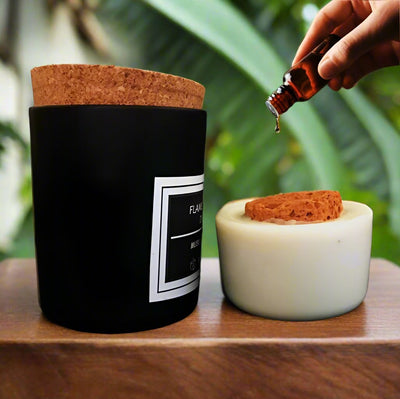 Flameless Terracotta Aroma Diffuser with Cork Lid - Black Jar - Ocean Breeze Fragrance – Fragrance Diffusers on Brown Living™. SKU: BLSPGTDWXADBLGCKOBF1. Img 1.