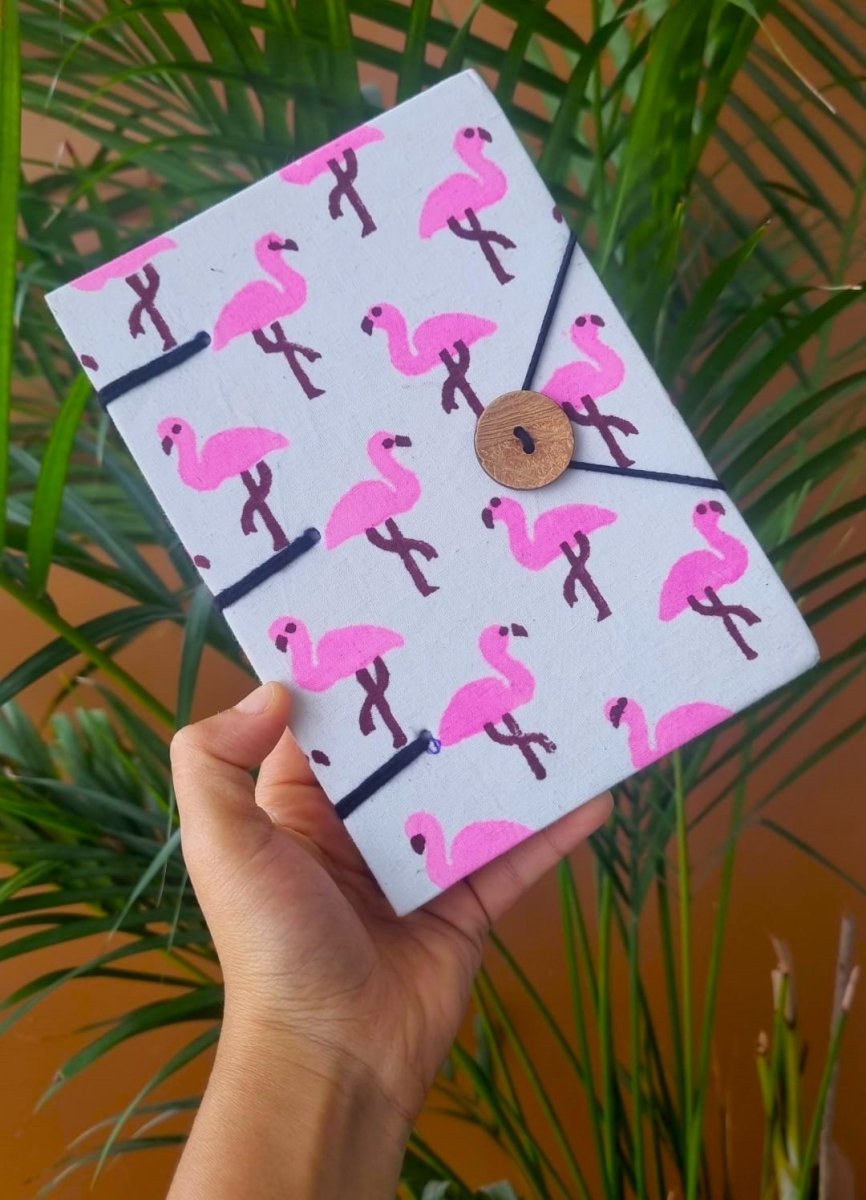 Flamingi Fabric Handmade Diary – Notebooks & Notepads by Kauseyah available on Brown Living™. . SKU: kj05. Img 1.