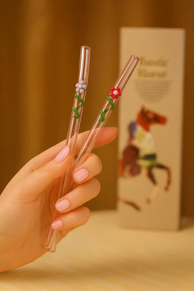 Floral Art Glass Straws – Set of 2 – Drinking Straws & Stirrers on Brown Living™. SKU: 1503FL - PNK - 2. Img 1.
