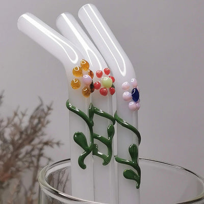 Floral Art Glass Straws – Set of 2 – Drinking Straws & Stirrers on Brown Living™. SKU: FL - GS - GRN - 2. Img 10.