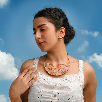 Floral Half Moon Multicolor Fabric & Wood Necklace Earring Set – Womens Earrings on Brown Living™. SKU: JCC039. Img 2.