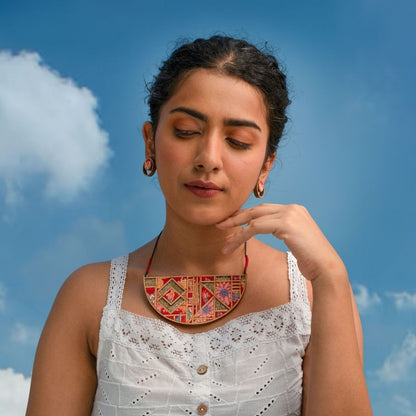 Floral Half Moon Multicolor Fabric & Wood Necklace Earring Set – Womens Earrings on Brown Living™. SKU: JCC039. Img 1.