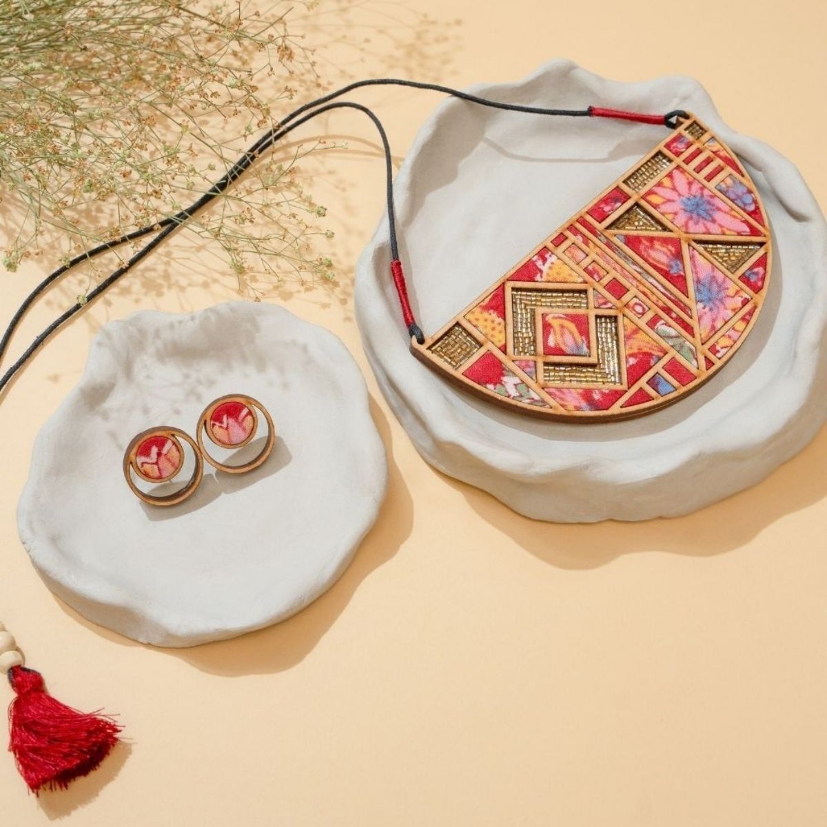 Floral Half Moon Multicolor Fabric & Wood Necklace Earring Set – Womens Earrings on Brown Living™. SKU: JCC039. Img 3.