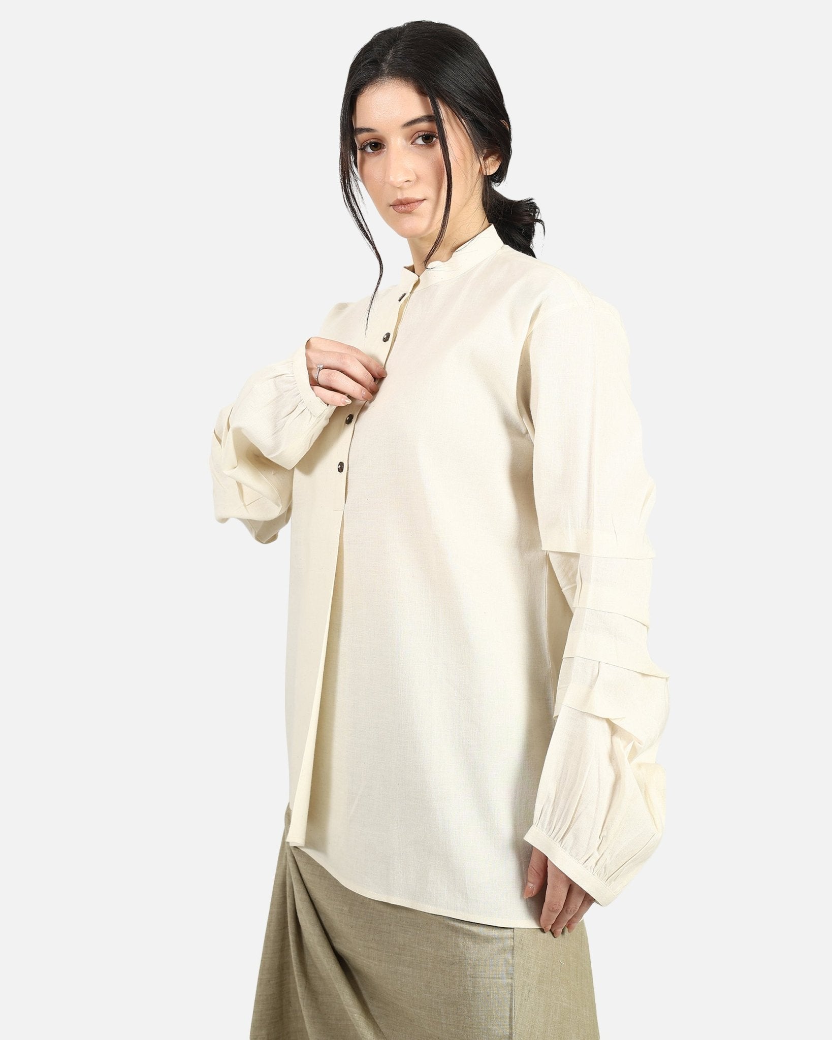 Foldline Sleeve Shirt – Modern Women's Shirt with Structured Sleeves – Womens Shirt on Brown Living™. SKU: ACB2026012. Img 5.
