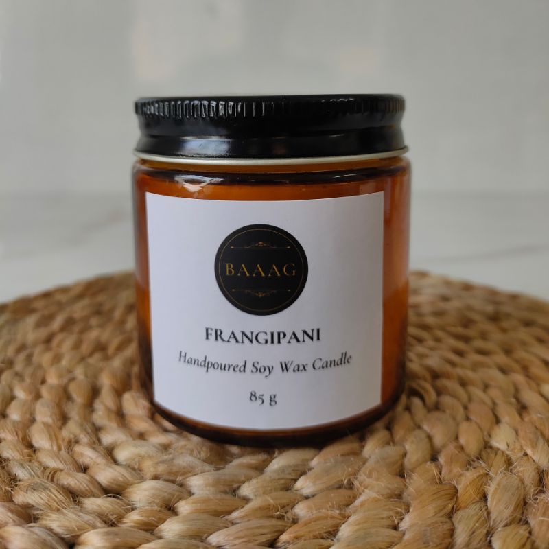 Frangipani Scented Soy Wax Candle – Natural & Long Lasting – Candles & Fragrances on Brown Living™. SKU: BGSC000010. Img 1.