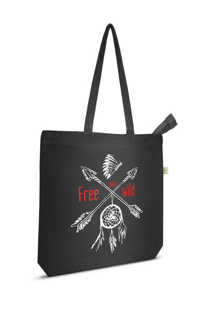 Free and Wild - Premium Cotton Canvas Tote Bag with Zip - Black | Verified Sustainable by Brown Living™