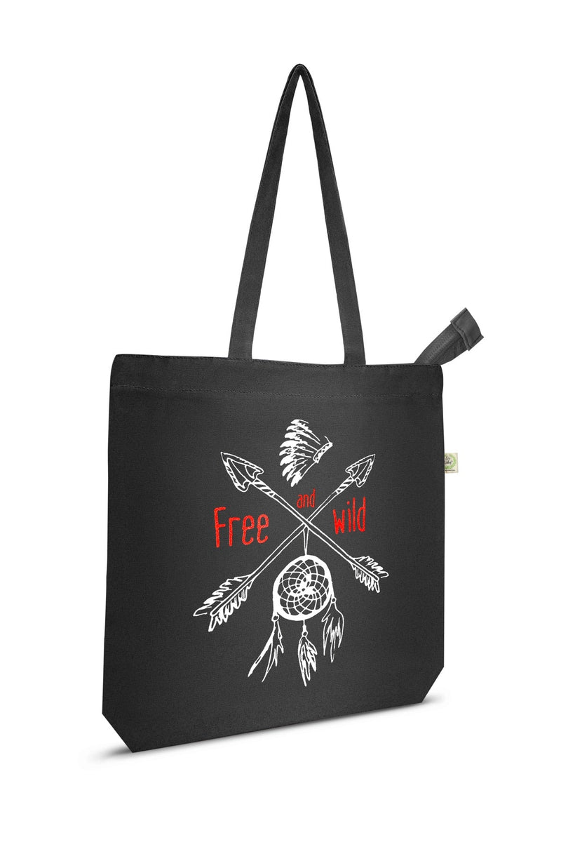 Free and Wild- Premium Cotton Canvas Tote Bag with Zip- Black | Verified Sustainable Tote Bag on Brown Living™