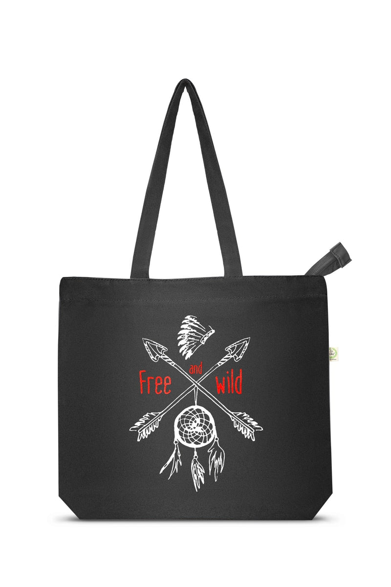 Free and Wild- Premium Cotton Canvas Tote Bag with Zip- Black | Verified Sustainable Tote Bag on Brown Living™