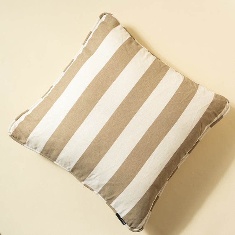 French Stripe Printed 100% Cotton Cushion Cover - Beige | Verified Sustainable Covers & Inserts on Brown Living™