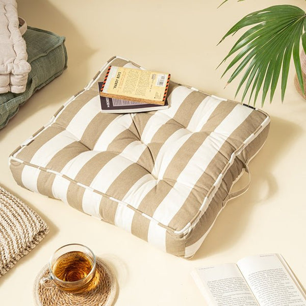 French Stripe Sustainable Floor Cushion - Beige | Verified Sustainable Covers & Inserts on Brown Living™