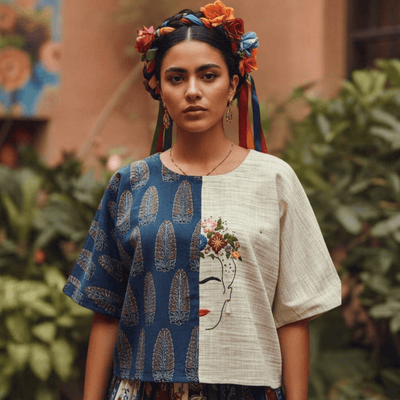 Frida Handwoven Khadi & Ajrakh Anti - Fit Top | Slow Fashion – Womens Top on Brown Living™. SKU: AS-WT-XS. Img 1.