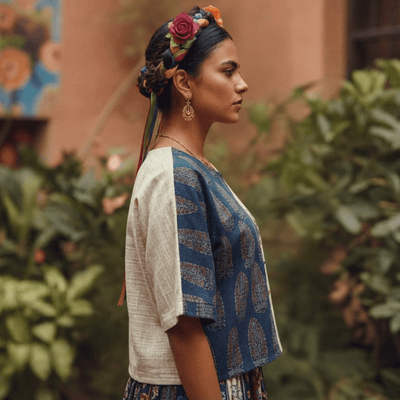 Frida Handwoven Khadi & Ajrakh Anti - Fit Top | Slow Fashion – Womens Top on Brown Living™. SKU: AS-WT-XS. Img 4.