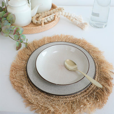 Fringe Natural Placemat – Handwoven Eco - Friendly Table Mat – Table Linens on Brown Living™. SKU: Bl - QA - FM. Img 1.