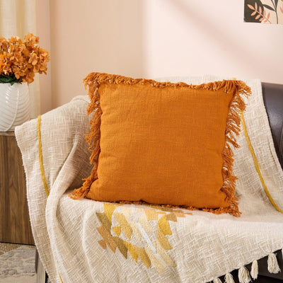 Fringes Elegance Cotton Cushion | Textured Decorative Cushion – Pillow on Brown Living™. SKU: TEE-25762. Img 1.