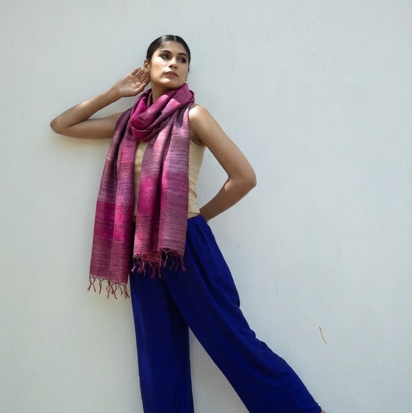 Fuchsia Madras Checks Tussar Peace Silk Scarf – Womens Scarf on Brown Living™. SKU: NAESA106. Img 1.