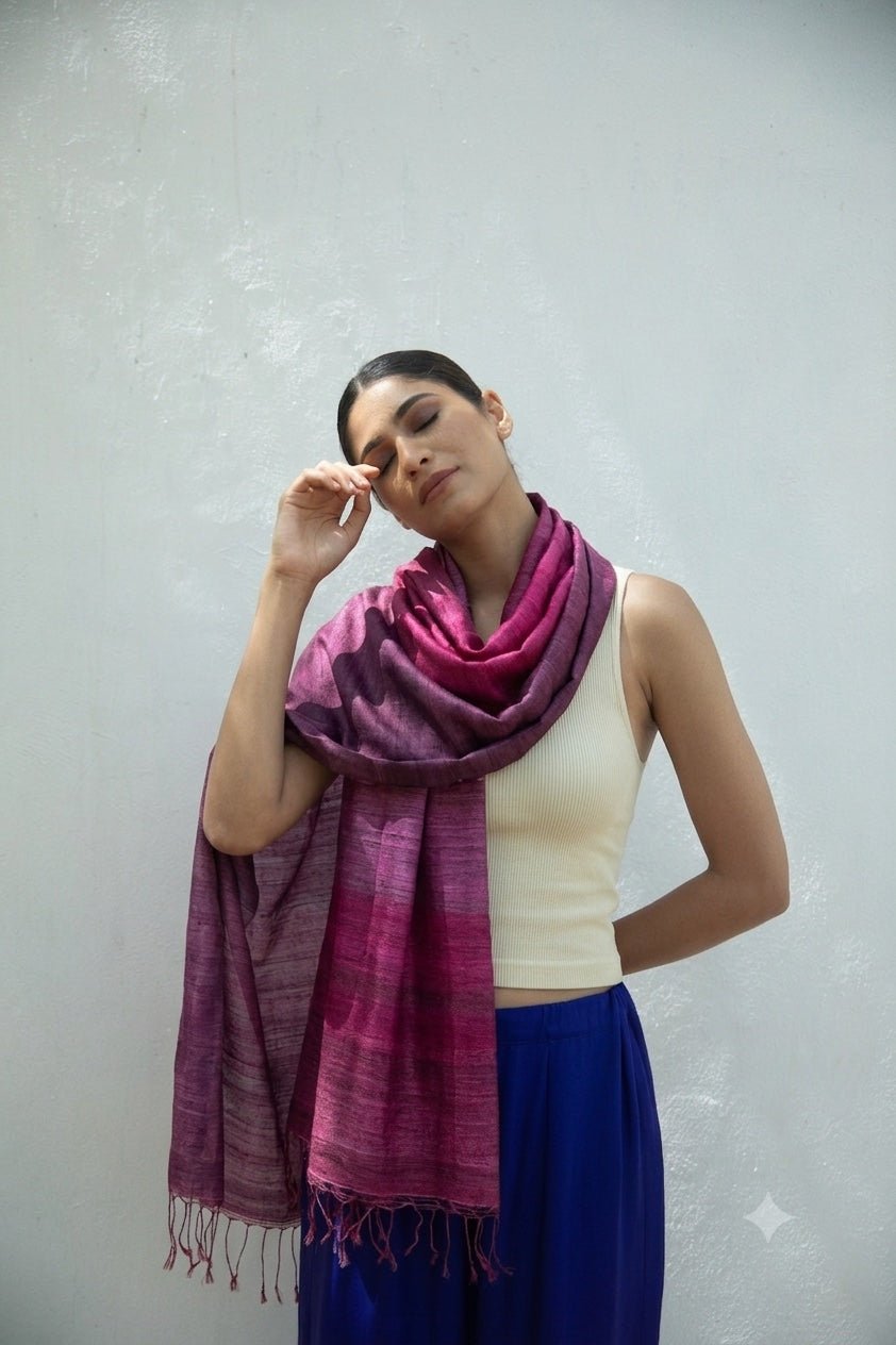 Fuchsia Madras Checks Tussar Peace Silk Scarf – Womens Scarf on Brown Living™. SKU: NAESA106. Img 3.