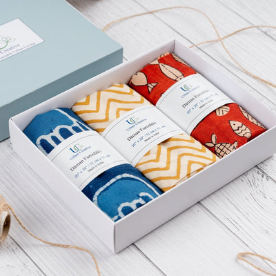 Furoshiki Fabric Gift Wraps in 100% cotton - Assorted Set of 3 – Gift Wrapping on Brown Living™. SKU: FFW - 3S13 - AC. Img 1.