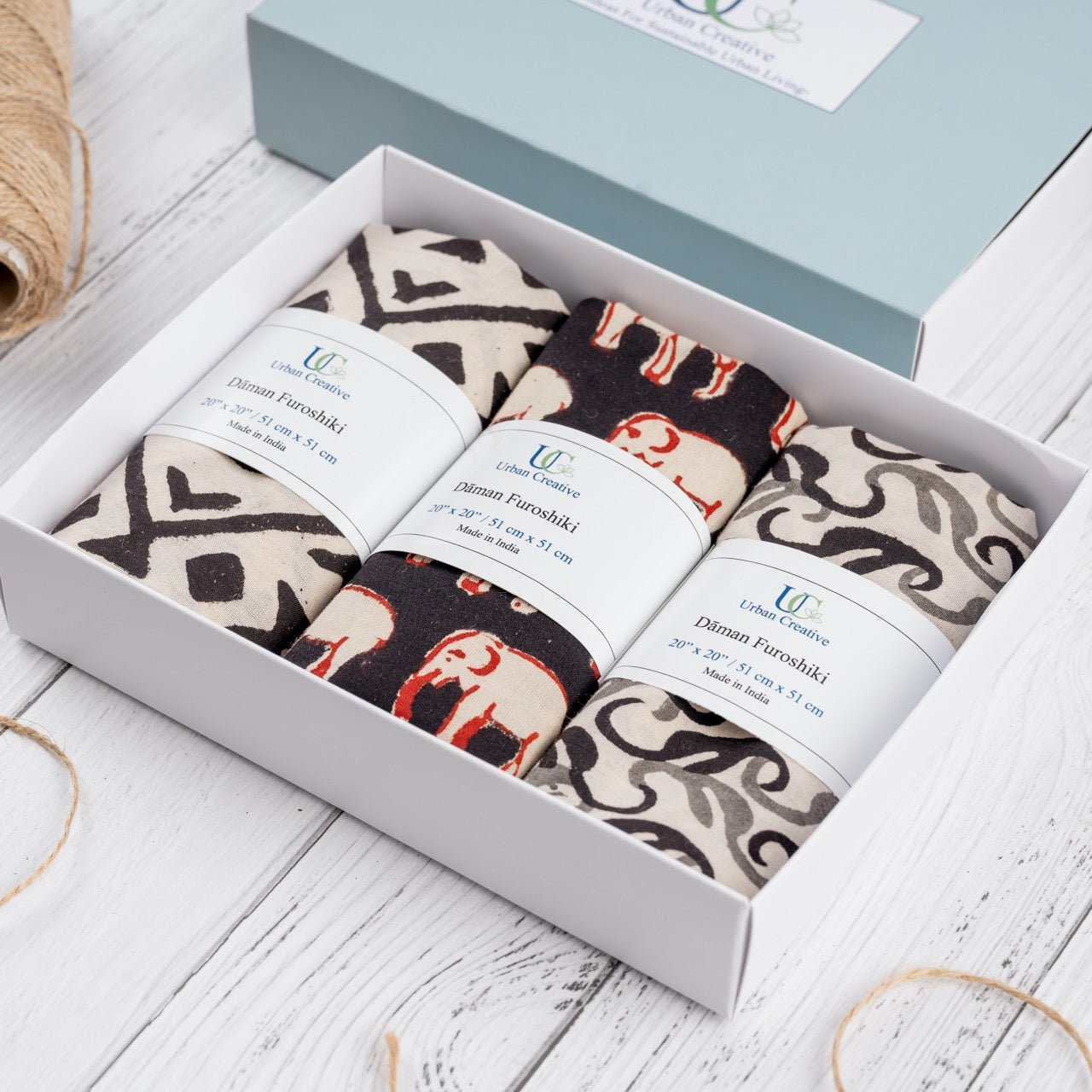 Furoshiki Fabric Gift Wraps in 100% cotton - Assorted Set of 3 – Gift Wrapping on Brown Living™. SKU: FFW - 3S13 - BW. Img 4.