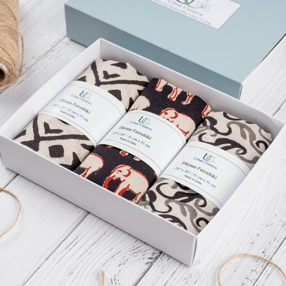 Furoshiki Fabric Gift Wraps in 100% cotton - Assorted Set of 3 – Gift Wrapping on Brown Living™. SKU: FFW - 3S13 - BW. Img 4.