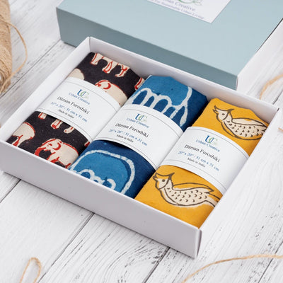 Furoshiki Fabric Gift Wraps in 100% cotton - Assorted Set of 3 – Gift Wrapping on Brown Living™. SKU: FFW - 3S13 - IB. Img 9.