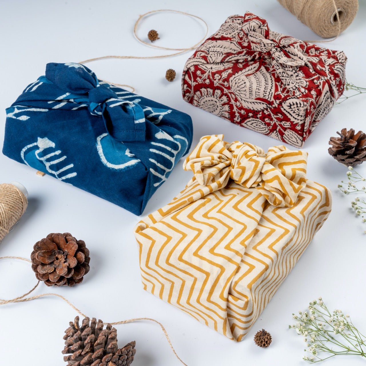 Furoshiki Fabric Gift Wraps in 100% cotton - Assorted Set of 3 – Gift Wrapping on Brown Living™. SKU: FFW - 3S13 - IB. Img 6.