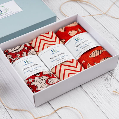 Furoshiki Fabric Gift Wraps in 100% cotton - Assorted Set of 3 – Gift Wrapping on Brown Living™. SKU: FFW - 3S13 - MR. Img 2.