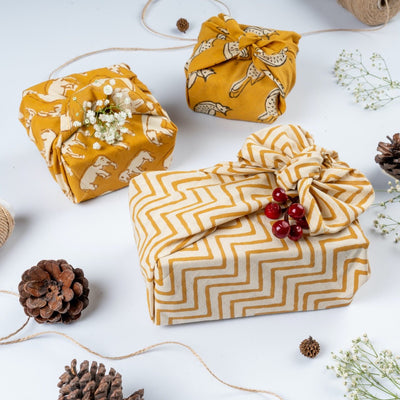 Furoshiki Fabric Reusable Gift Wrap in 100% cotton block print – Gift Wrapping on Brown Living™. SKU: FW - S20 - BW. Img 9.