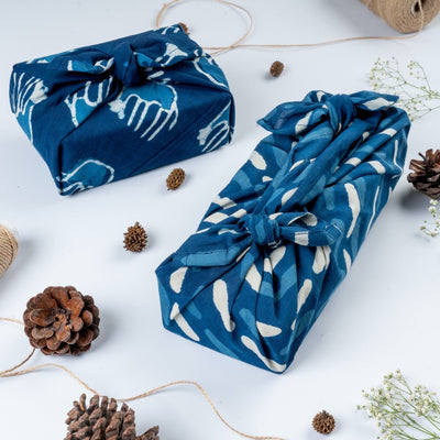 Furoshiki Fabric Reusable Gift Wrap in 100% cotton block print – Gift Wrapping on Brown Living™. SKU: FW - S20 - BW. Img 6.