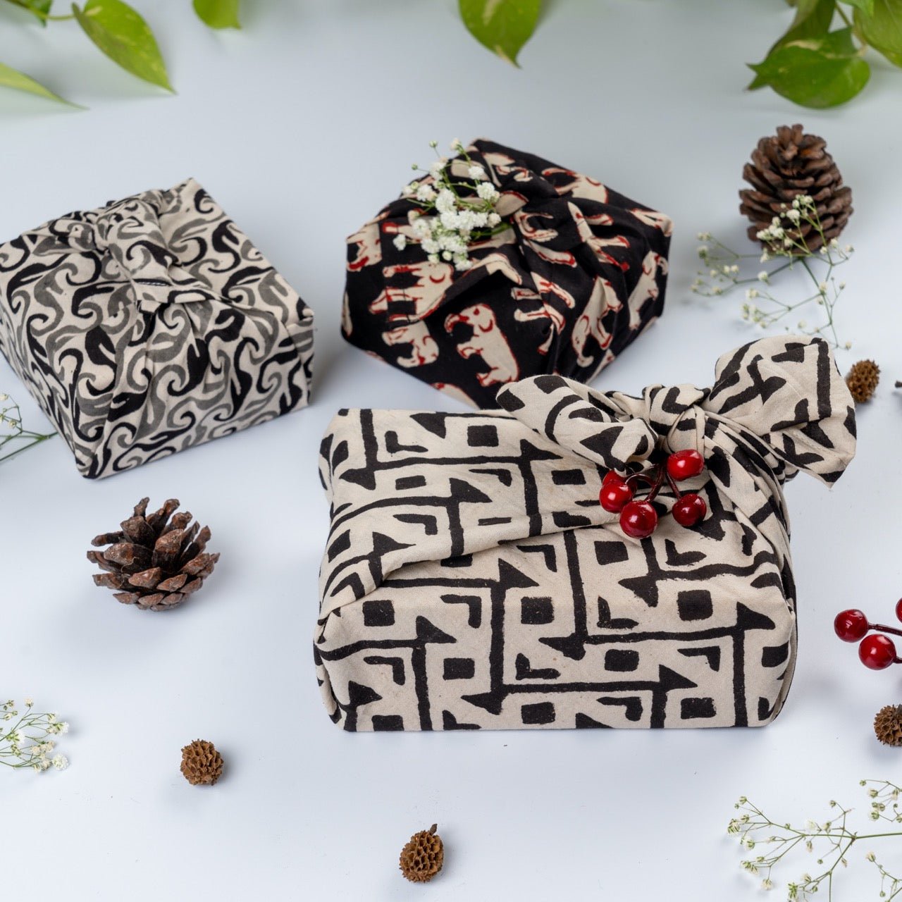 Furoshiki Fabric Reusable Gift Wrap in 100% cotton block print – Gift Wrapping on Brown Living™. SKU: FW - S20 - BW. Img 7.