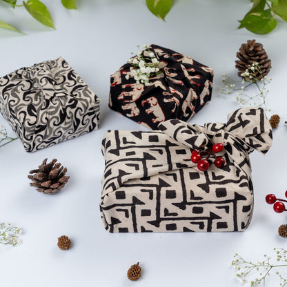 Furoshiki Fabric Reusable Gift Wrap in 100% cotton block print – Gift Wrapping on Brown Living™. SKU: FW - S20 - BW. Img 7.