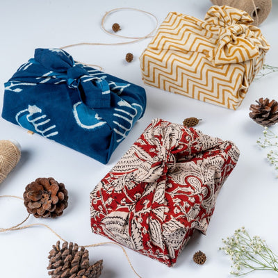 Furoshiki Fabric Reusable Gift Wrap in 100% cotton block print – Gift Wrapping on Brown Living™. SKU: FW - S20 - BW. Img 5.