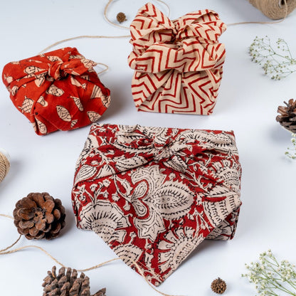 Furoshiki Fabric Reusable Gift Wrap in 100% cotton block print – Gift Wrapping on Brown Living™. SKU: FW - S20 - BW. Img 8.
