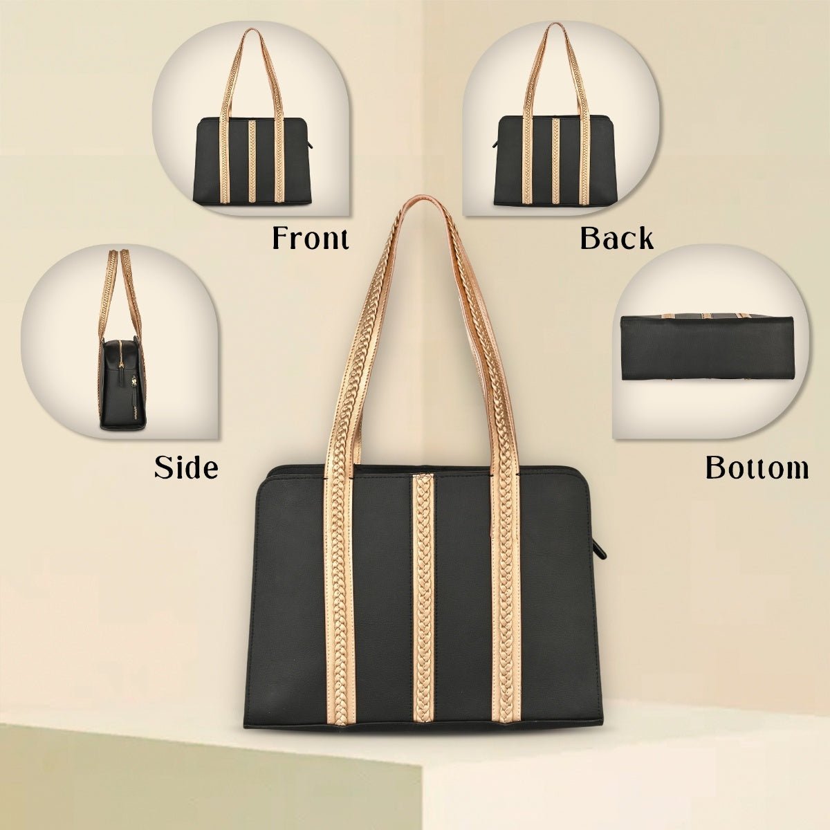 Gaia Vegan Leather Shoulder Bag (Black & Gold) – Shoulder Bags by Green Hermitage available on Brown Living™. . SKU: SGH2002_24BL2937. Img 3.
