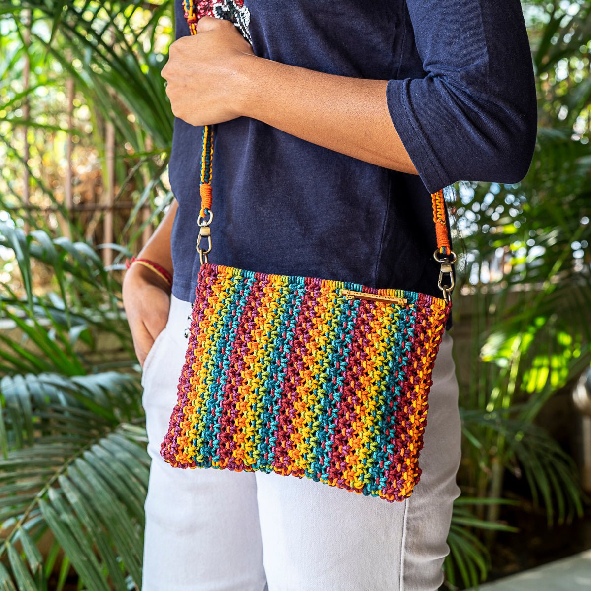 Gardenia Hand - Knotted Sling Bag | Blended Yarn Artisan Sling – Sling Bag on Brown Living™. SKU: S23MGARSLIN171-BL. Img 4.