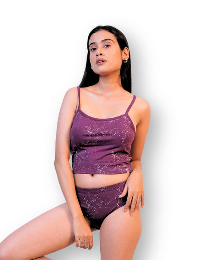 Garnet Cotton Lingerie Set – Womens Underwear on Brown Living™. SKU: 008PSCL-BikiniPlumSpltrAOP-S. Img 2.