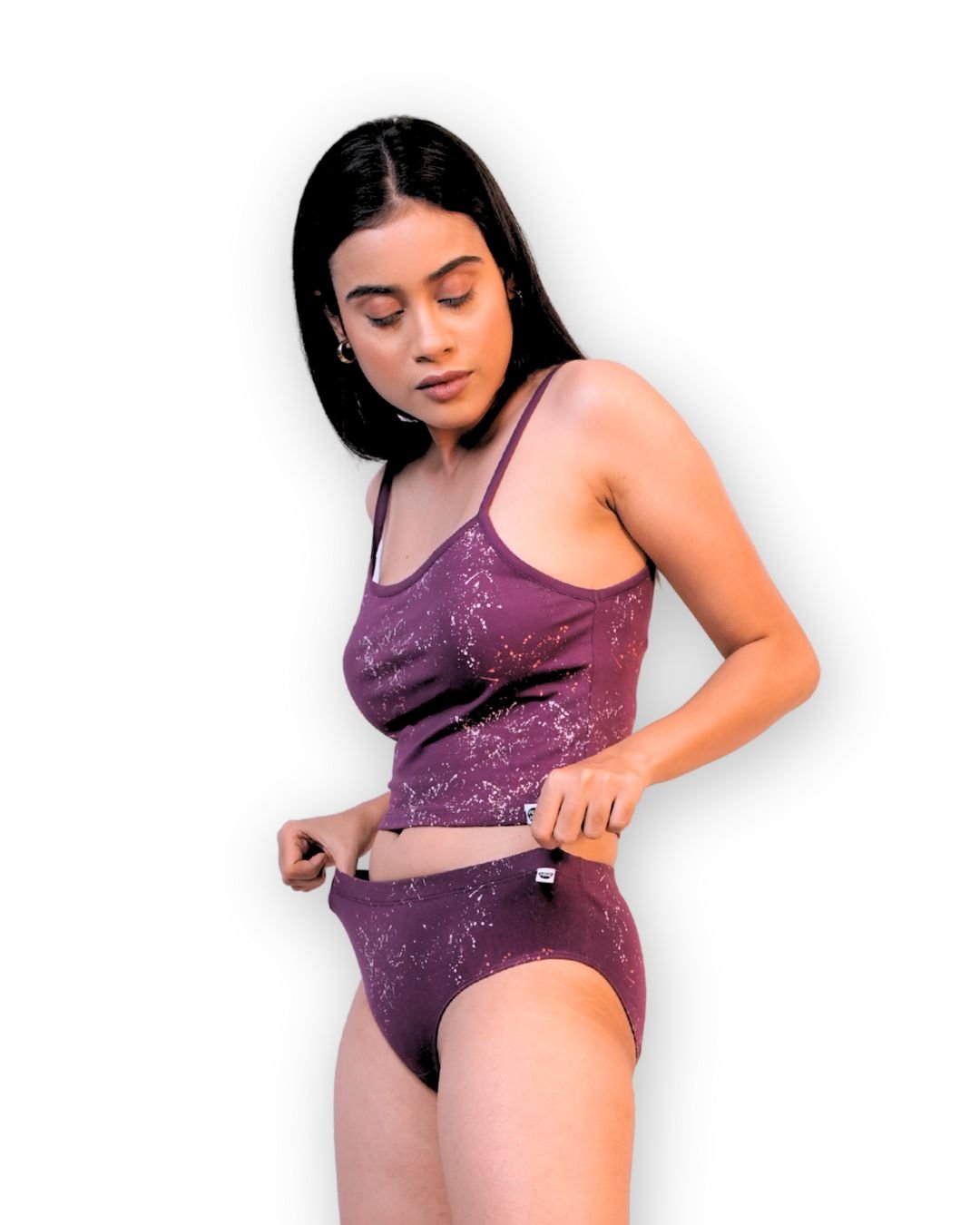 Garnet Cotton Lingerie Set – Womens Underwear on Brown Living™. SKU: 008PSCL-BikiniPlumSpltrAOP-S. Img 3.