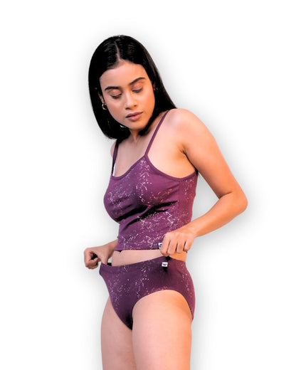 Garnet Cotton Lingerie Set – Womens Underwear on Brown Living™. SKU: 008PSCL-BikiniPlumSpltrAOP-S. Img 3.