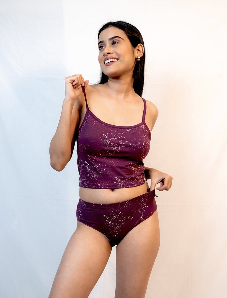 Garnet Cotton Lingerie Set – Womens Underwear on Brown Living™. SKU: 008PSCL - BikiniPlumSpltrAOP - S. Img 2.