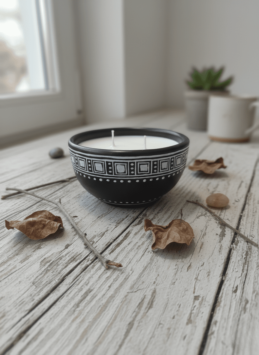 Geometric Glow 2 - Wick Black Clay Candle | Handcrafted Aromatic Bowl – Candles & Fragrances on Brown Living™. SKU: KVGABCLGMC03. Img 1.