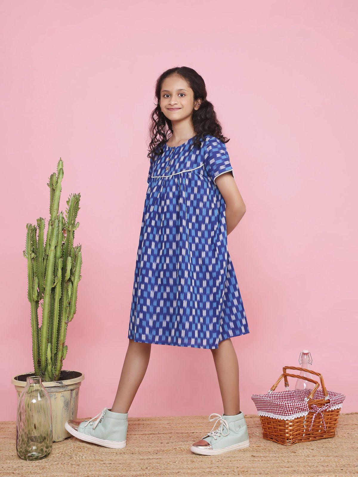 Geometric Ikkat A - Line Dress for Girls | Handcrafted Cotton Wear – Kids Frocks & Dresses on Brown Living™. SKU: LB10-01-01. Img 4.