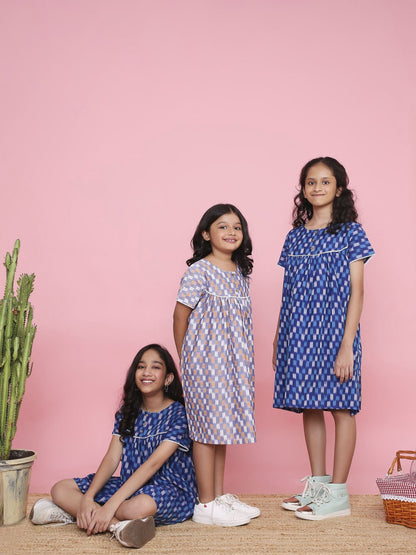 Geometric Ikkat A - Line Dress for Girls | Handcrafted Cotton Wear – Kids Frocks & Dresses on Brown Living™. SKU: LB10-01-01. Img 5.