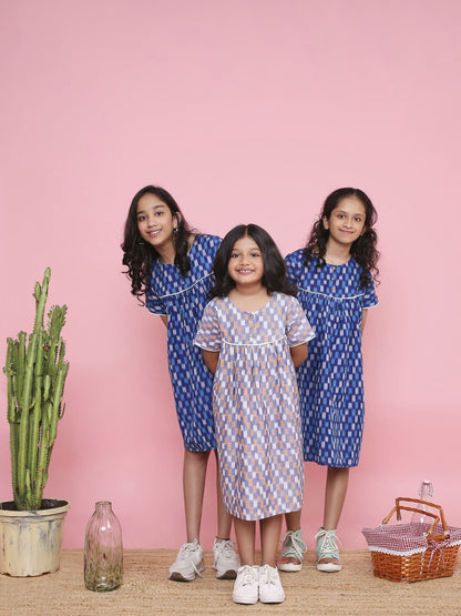 Geometric Ikkat A - Line Dress for Girls | Handcrafted Cotton Wear – Kids Frocks & Dresses on Brown Living™. SKU: LB10-01-01. Img 6.