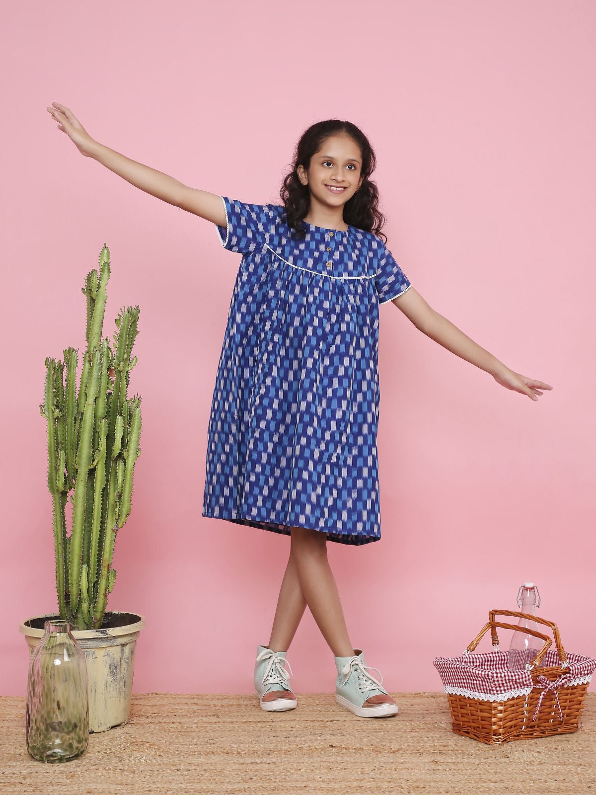 Geometric Ikkat A - Line Dress for Girls | Handcrafted Cotton Wear – Kids Frocks & Dresses on Brown Living™. SKU: LB10-01-01. Img 3.