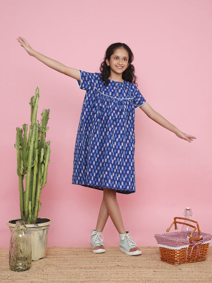 Geometric Ikkat A - Line Dress for Girls | Handcrafted Cotton Wear – Kids Frocks & Dresses on Brown Living™. SKU: LB10-01-01. Img 3.