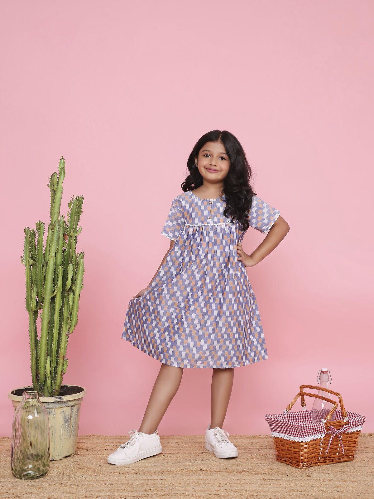 Geometric Ikkat A - Line Dress for Girls | Handcrafted Cotton Wear – Kids Frocks & Dresses on Brown Living™. SKU: LB10-02-01. Img 1.