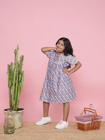 Geometric Ikkat A - Line Dress for Girls | Handcrafted Cotton Wear – Kids Frocks & Dresses on Brown Living™. SKU: LB10-02-01. Img 2.
