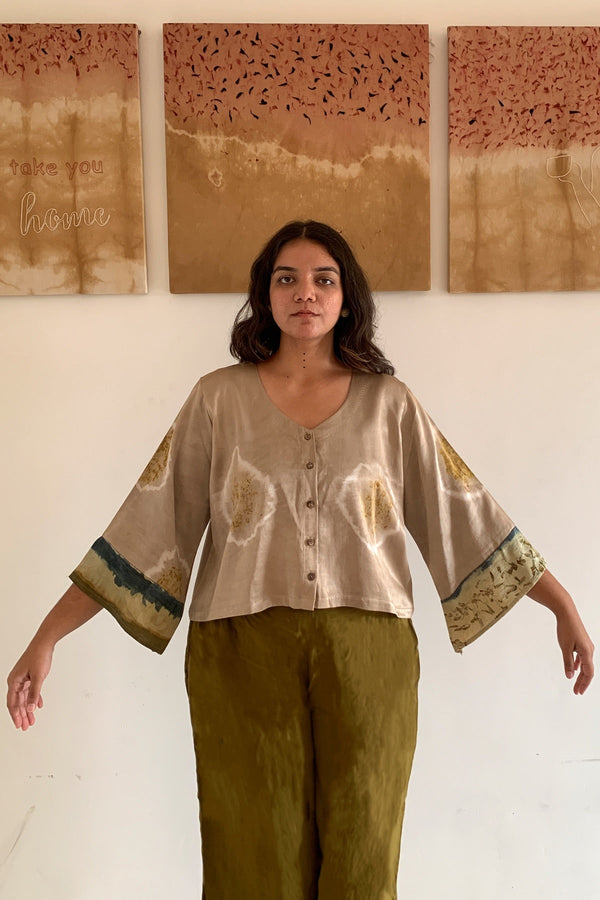 Ghera- Natural Dyed Handwoven Mashru Crop Shirt- Beige | Verified Sustainable Womens Shirt on Brown Living™