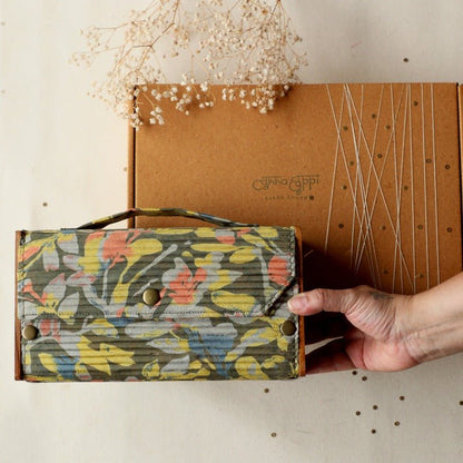 Gift For Her - Upcycled Fabric & Brass Box Olive Clutch Gift Box | Verified Sustainable by Brown Living™