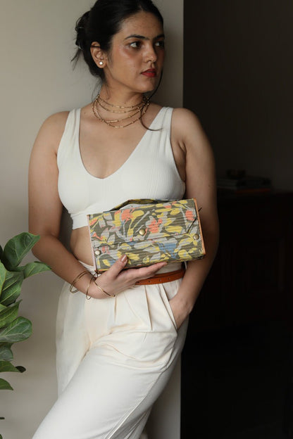 Gift For Her - Upcycled Fabric & Brass Box Olive Clutch Gift Box | Verified Sustainable by Brown Living™